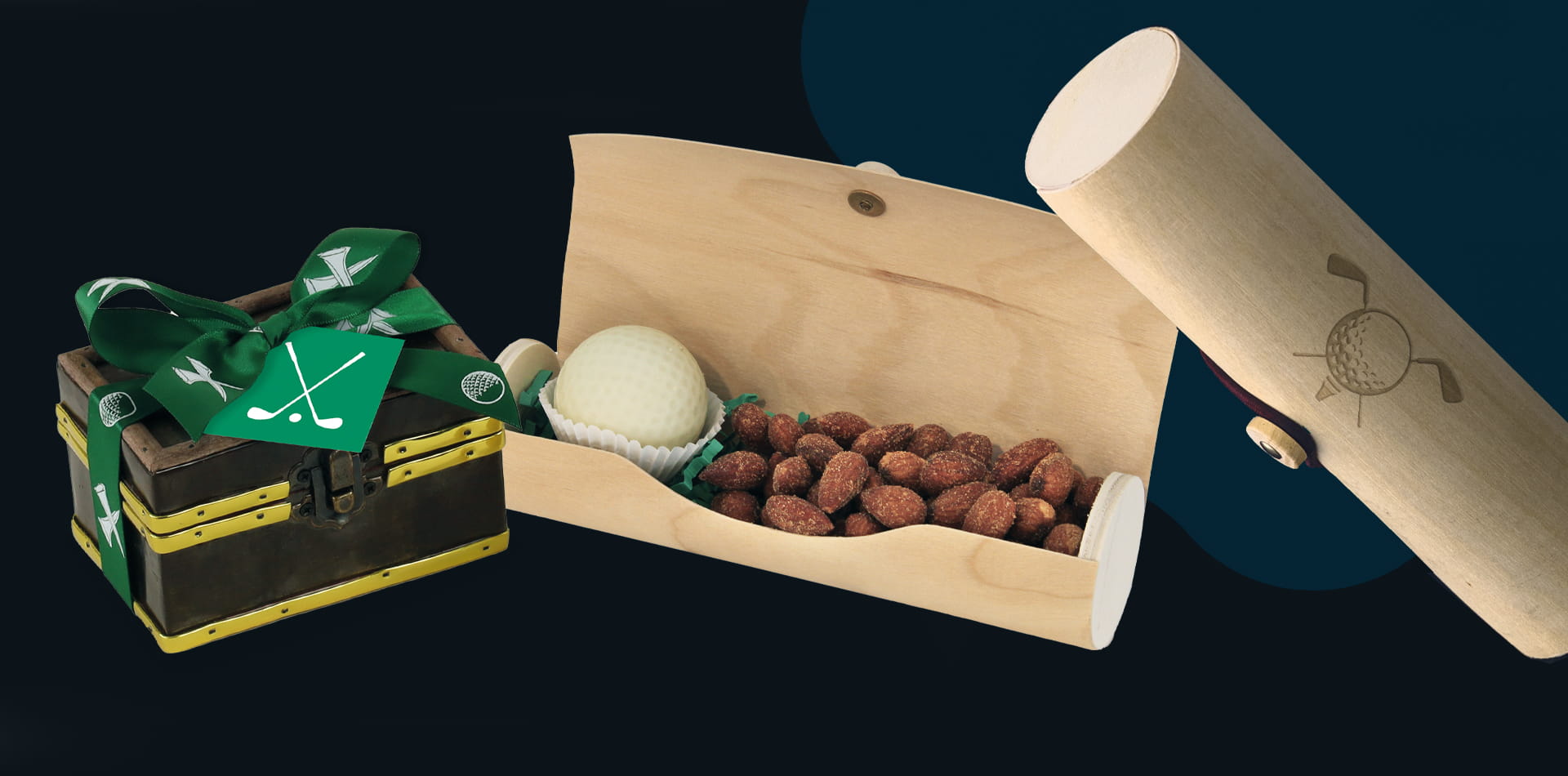 Luxury golf course at sunset with Torn Ranch Back Nine Boost box and towel on table.