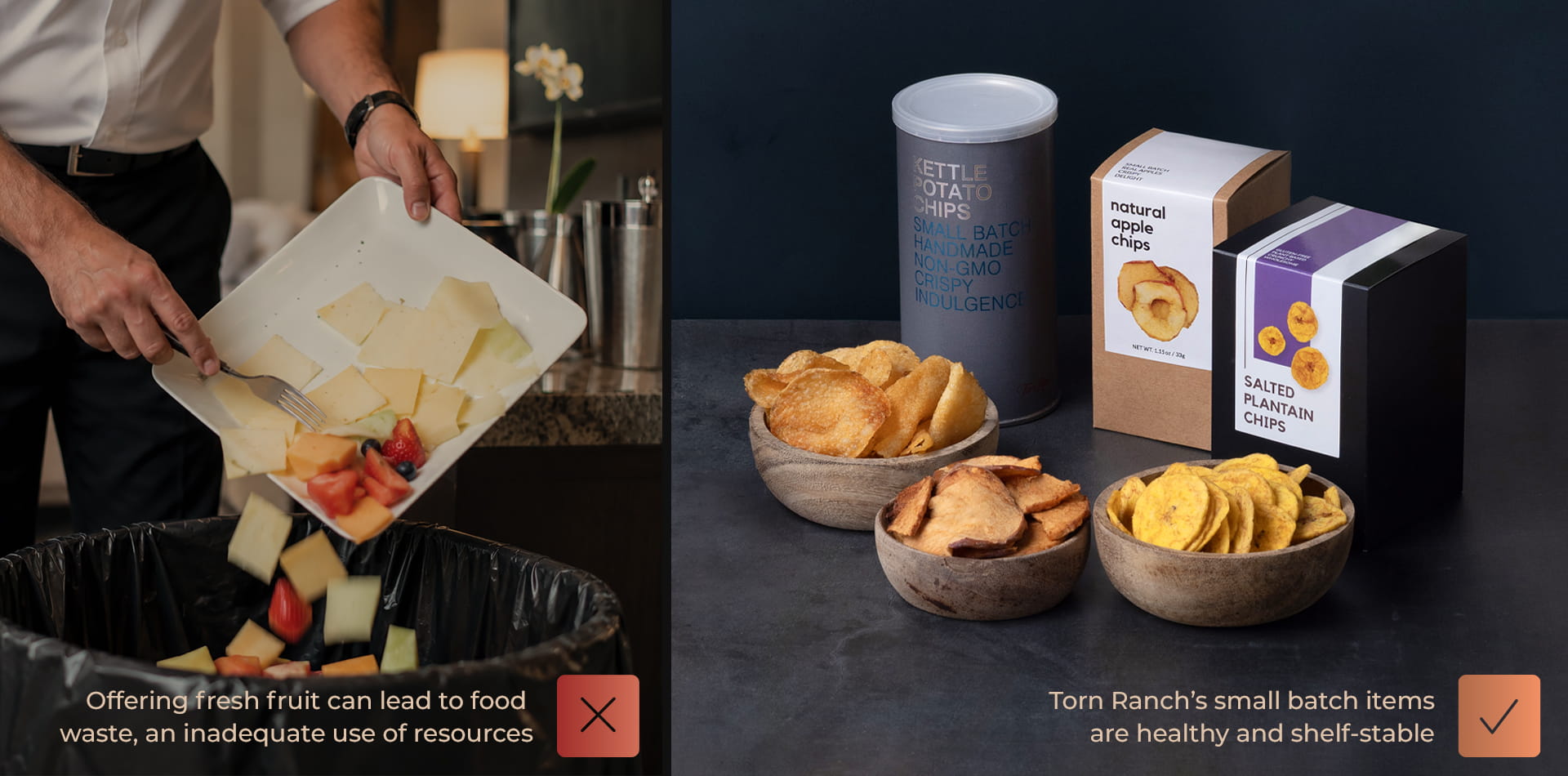 Wasteful fresh food serving versus Torn Ranch’s healthy and shelf-stable small batch items.
